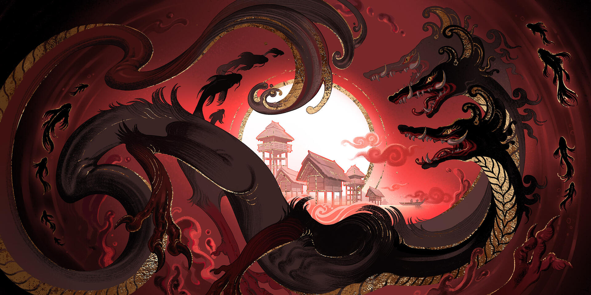 illustration showing the three headed black dragon cursing a fishing village