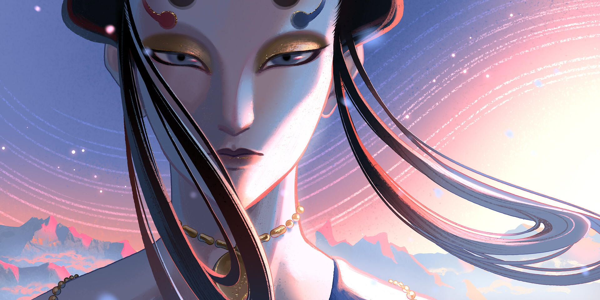 portrait illustration of Aasha looking ahead in the pink light of dawn