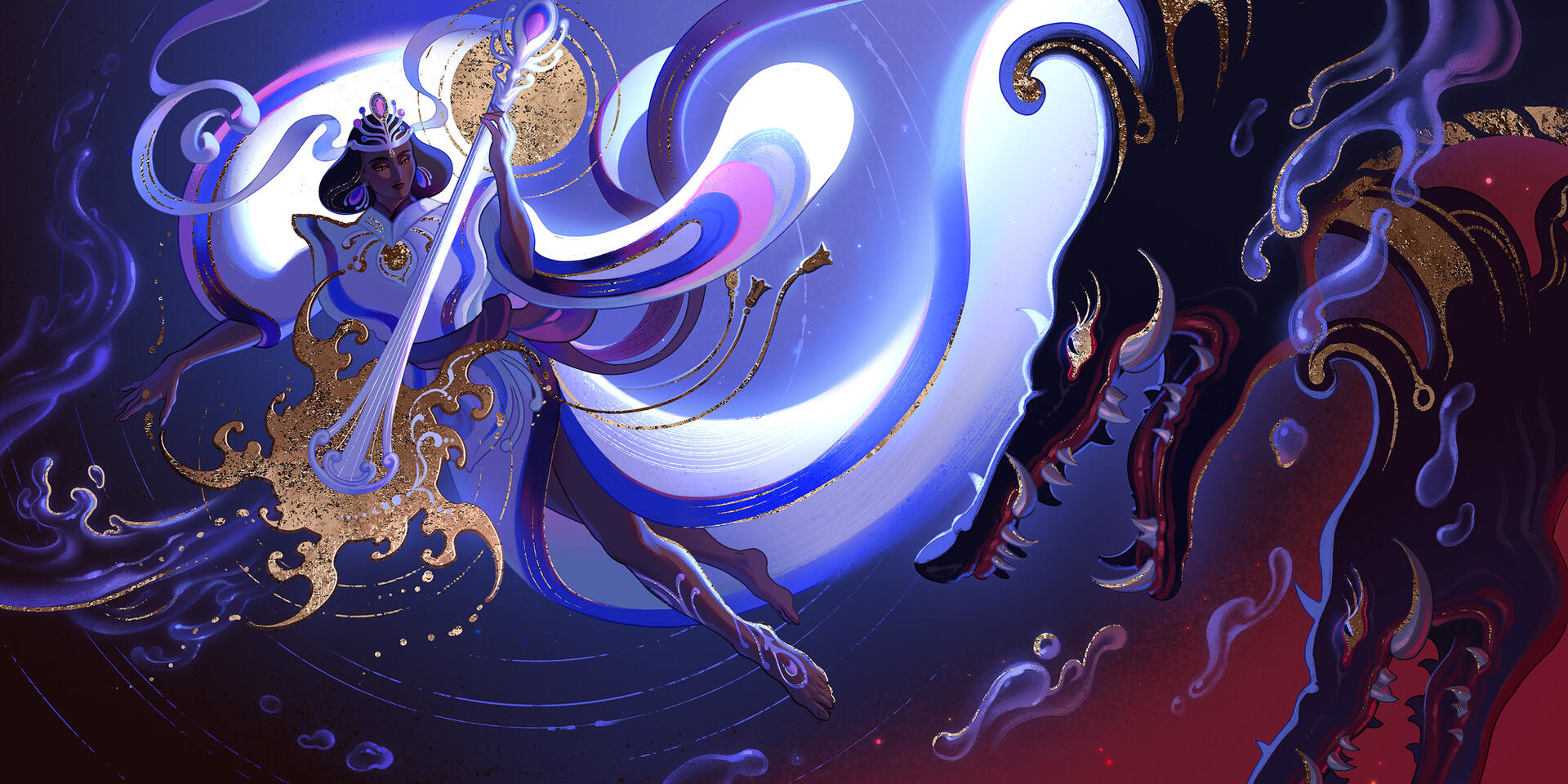 goddess Benten casts divine water magic to pacify the dragon