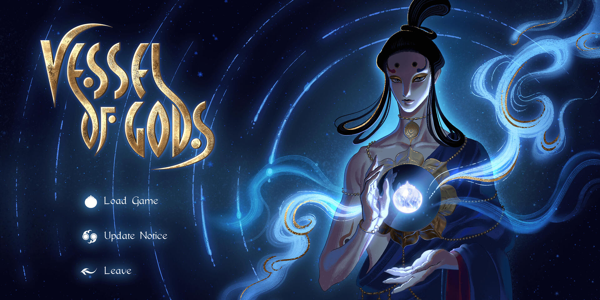 mockup of video game start screen for Vessel of Gods featuring the key graphic