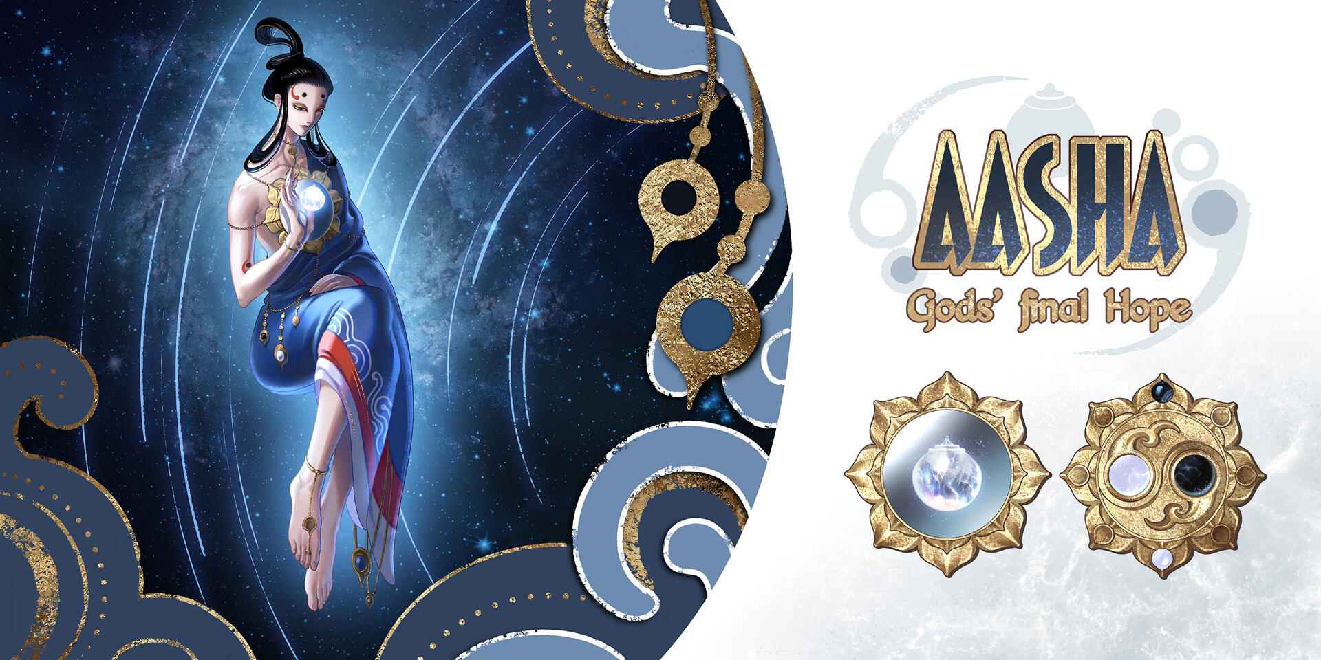 game character screen mockup showing Aasha