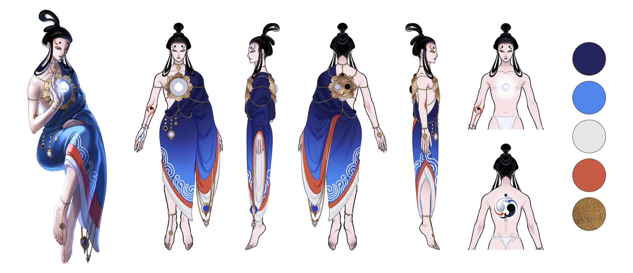 character reference sheet for Aasha, showing them from multiple angles