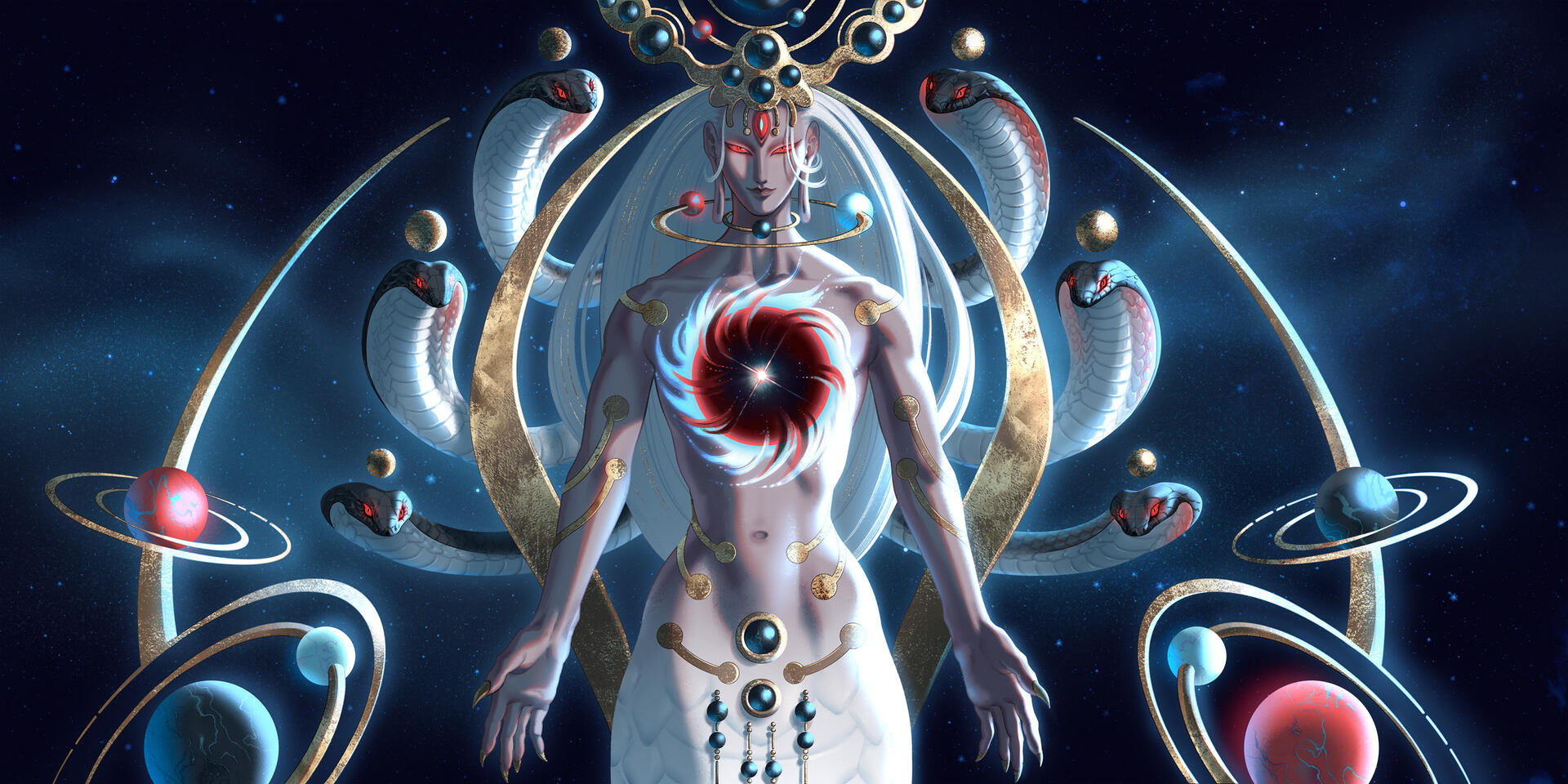 the naga king Ananta Shesha extends his harms into the universe, surrounded by celestial bodies