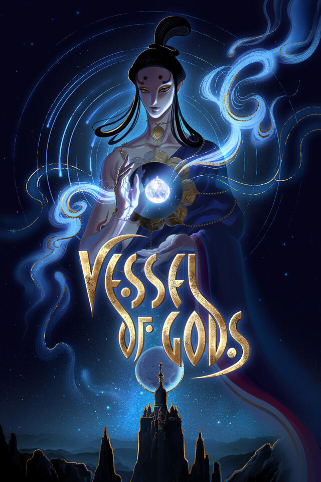 promotial poster for Vessel of Gods showing the key graphic of Aasha holding the wishing jewel