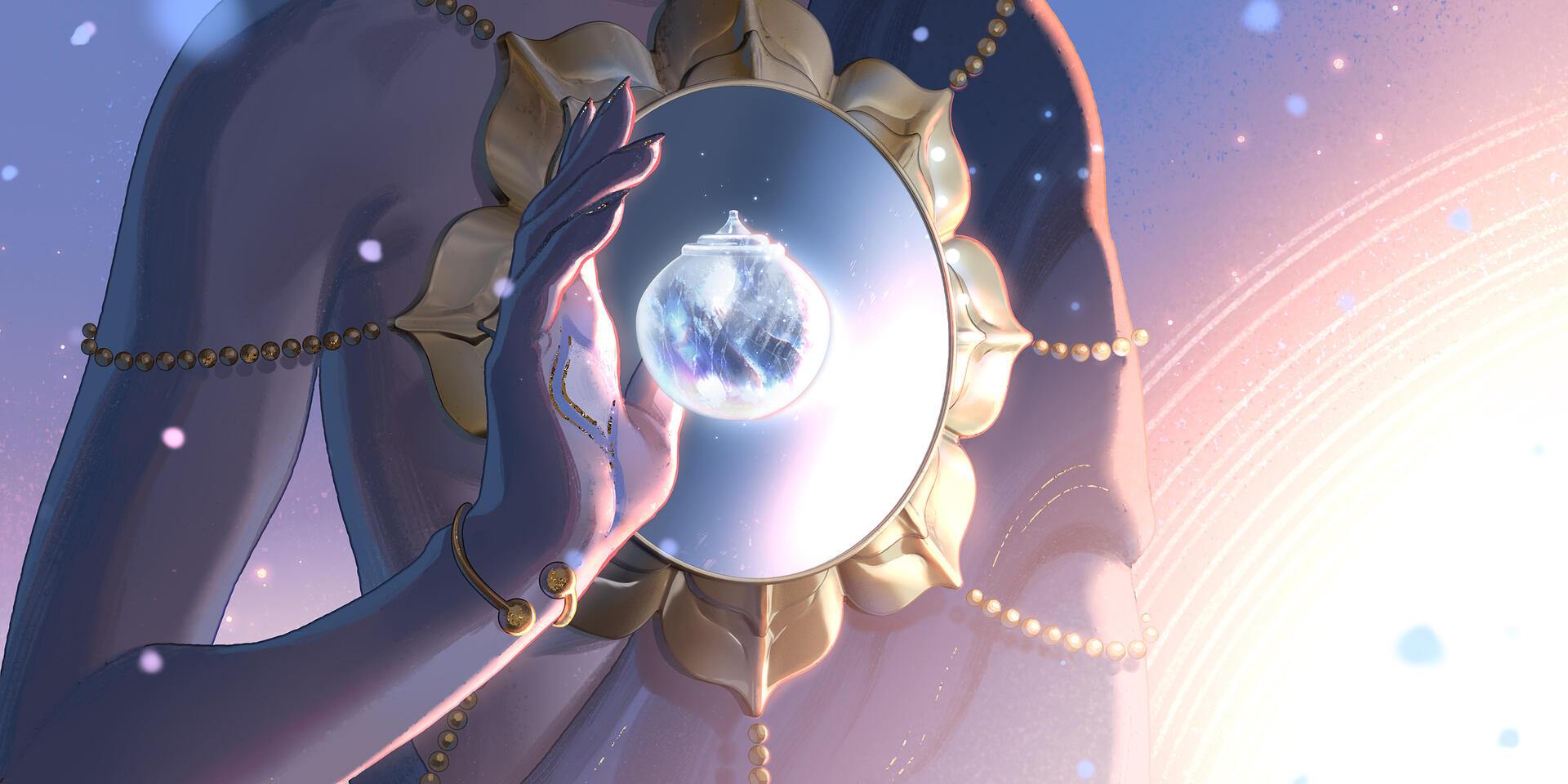 screenshot from the trailer showing a closeup of Aasha's hand summoning the wishing jewel