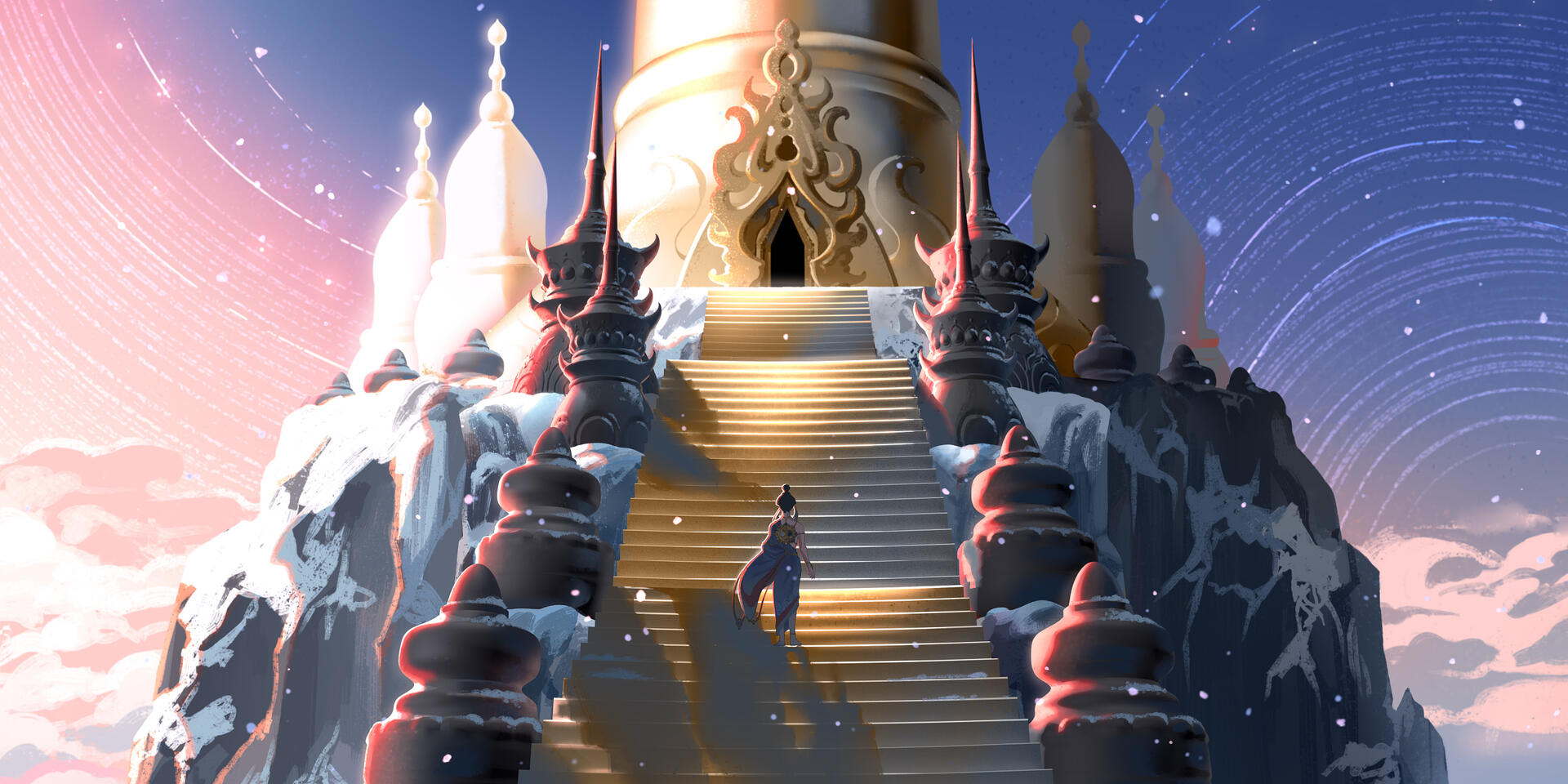 atop a snowy mountain, Aasha climbs the steps towards the golden Stupa