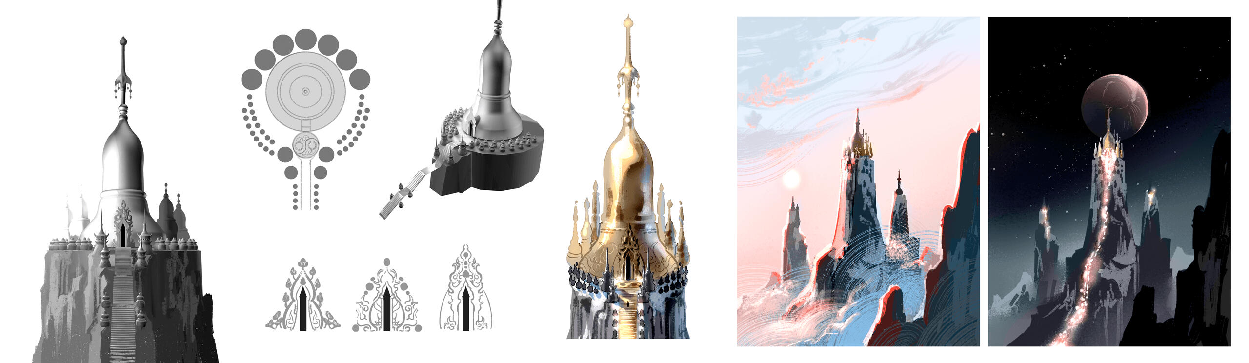 3d model and various concept sketches for the golden stupa
