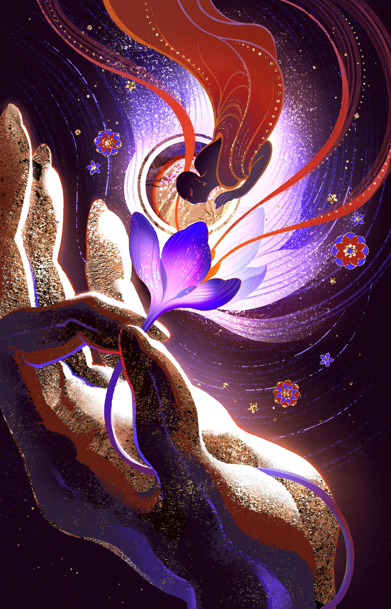 monk in saffron robe above a purple saffron, held by a giant golden hand in abhaya mudra