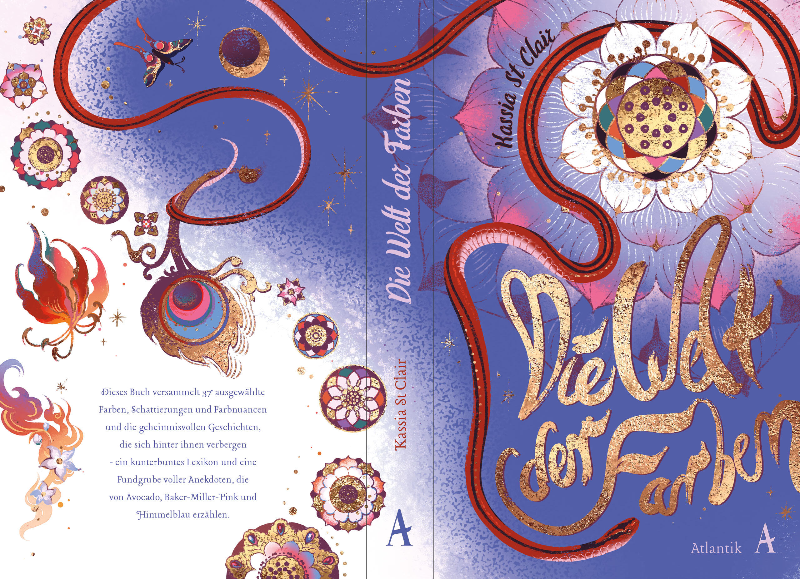 book cover spread illustration showing a red snake in a white lotus, surrounded by colorful mandala