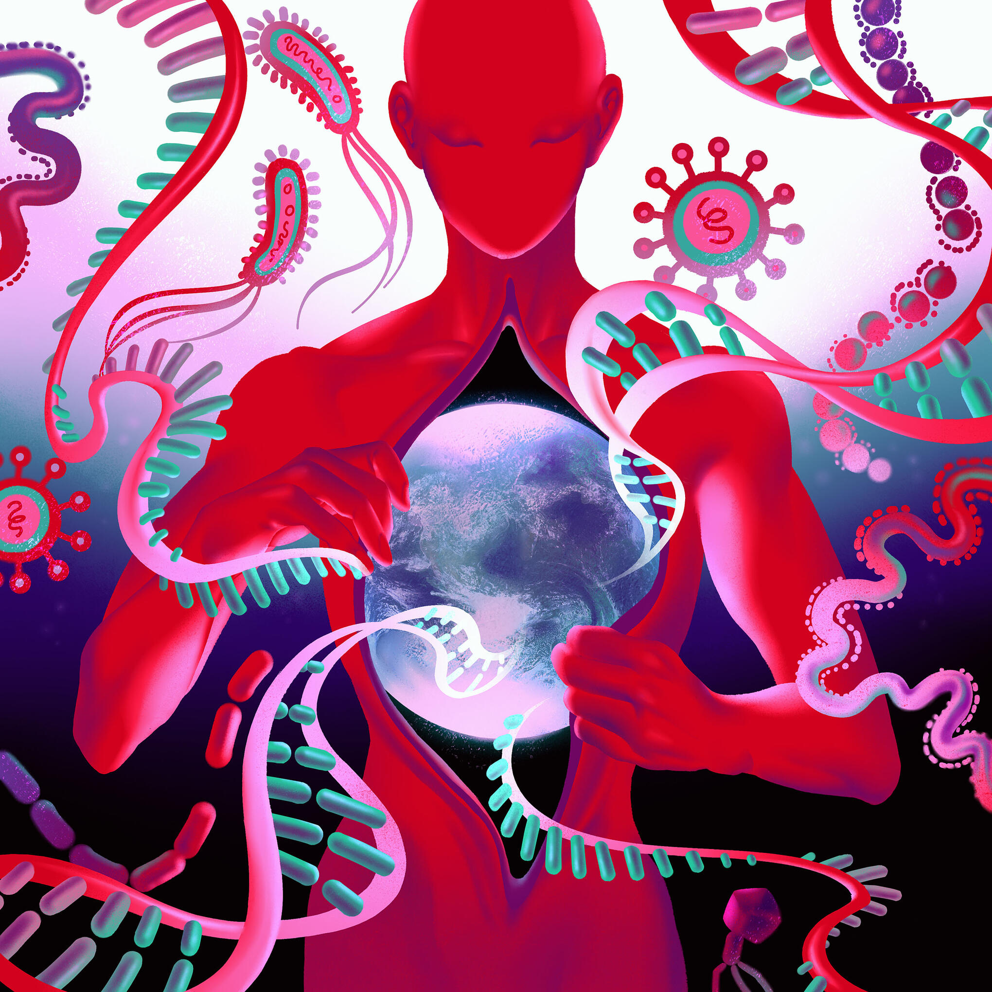 a red being reveals the macro cosmos inside their body