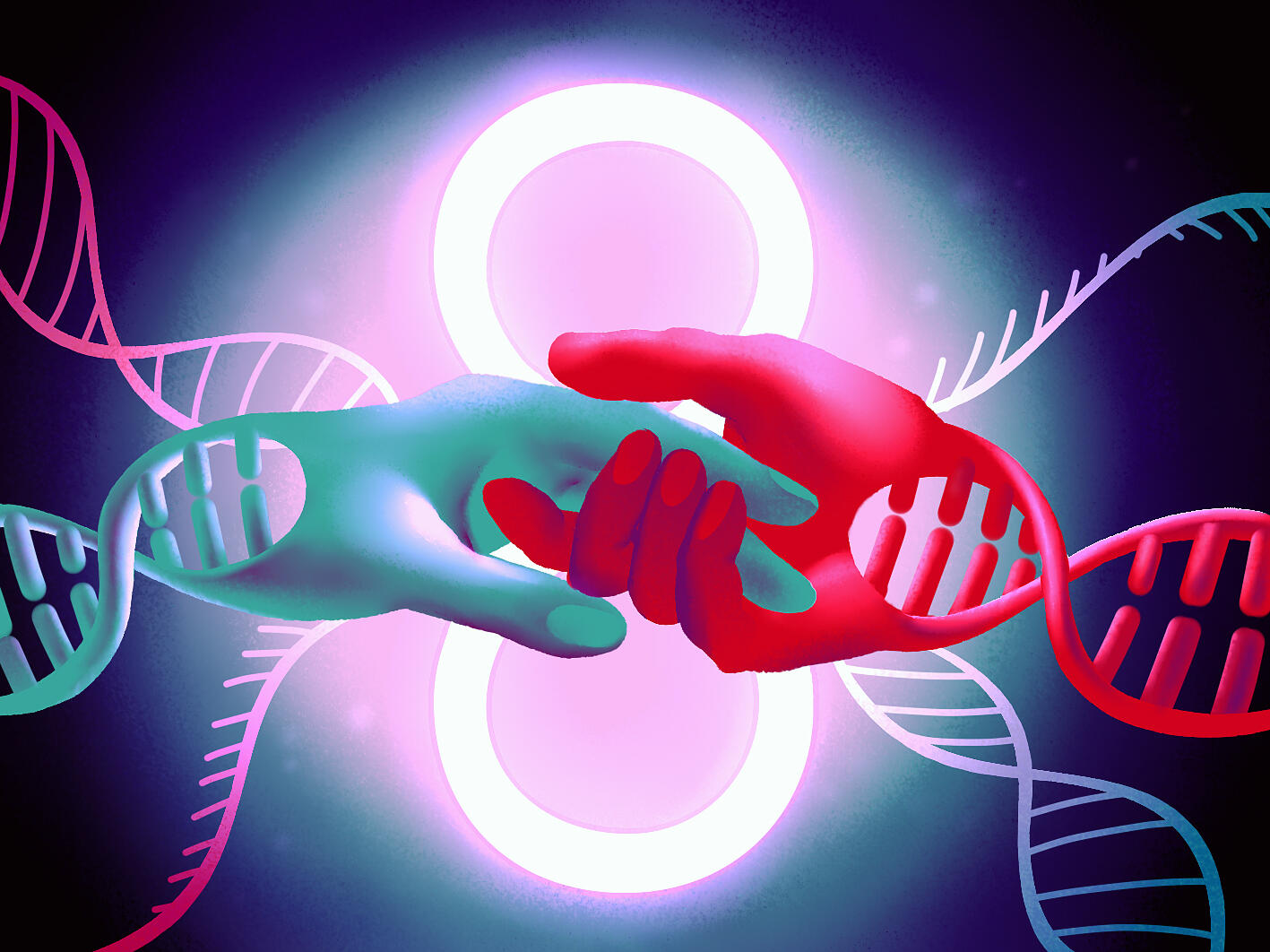 two hands gently hold each other, dissolving into dna strings
