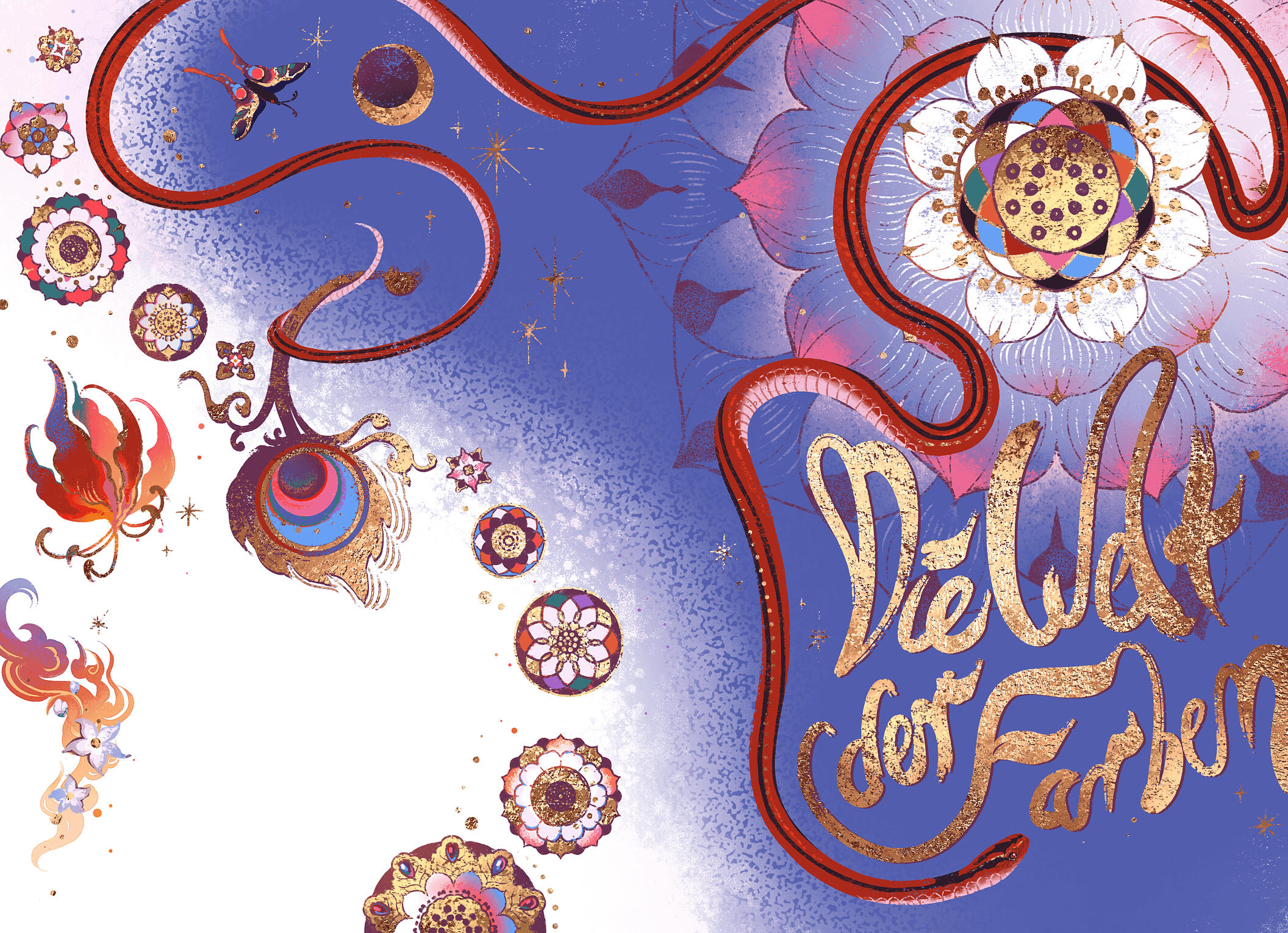 book cover spread illustration showing a red snake in a white lotus, surrounded by colorful mandala