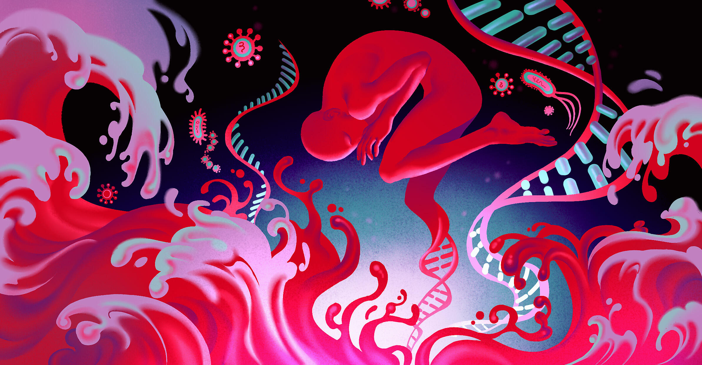 from the primordial ocean, a red figure emerges surrounded by early life forms
