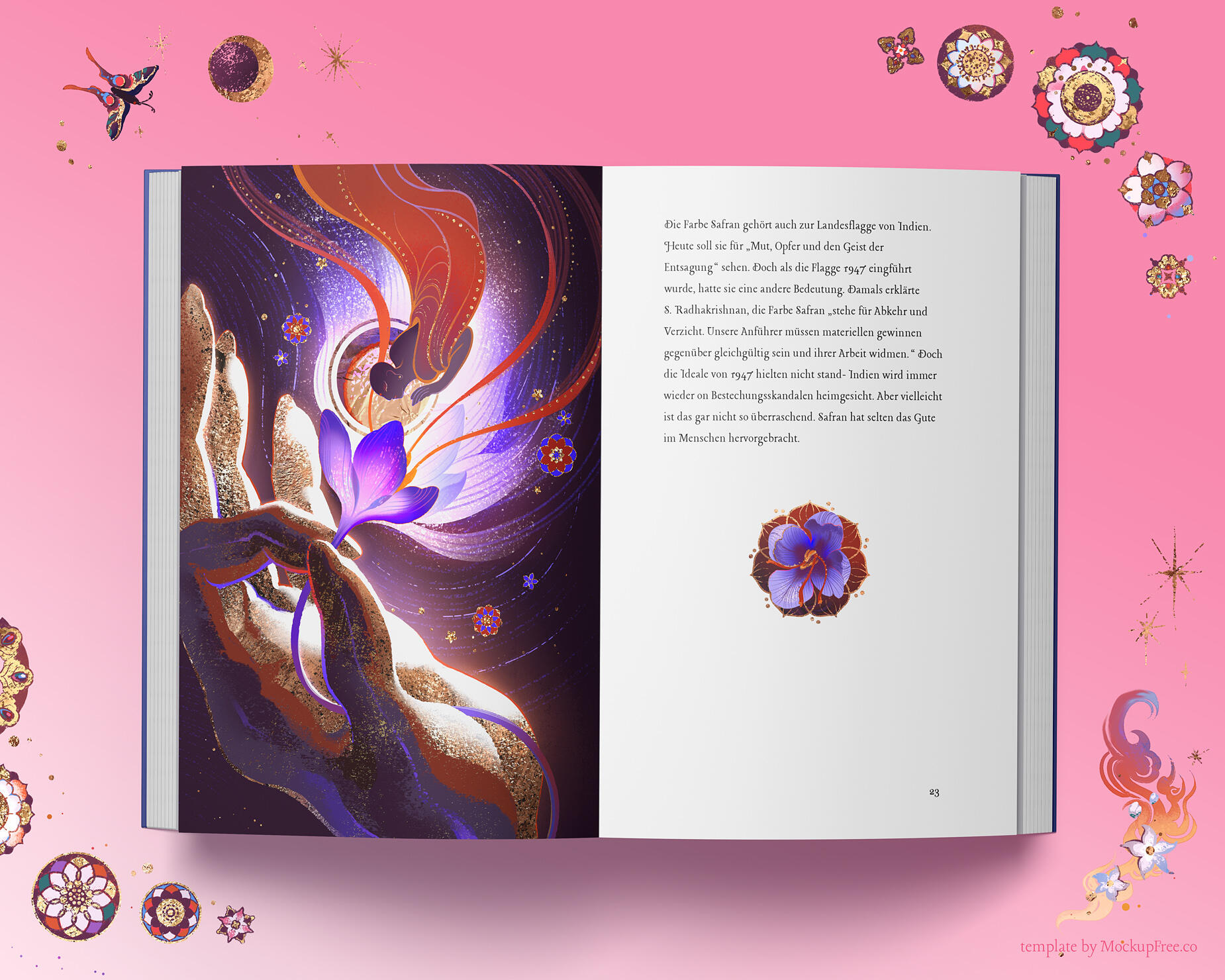 mockup of an opened book showing a page illustration and text