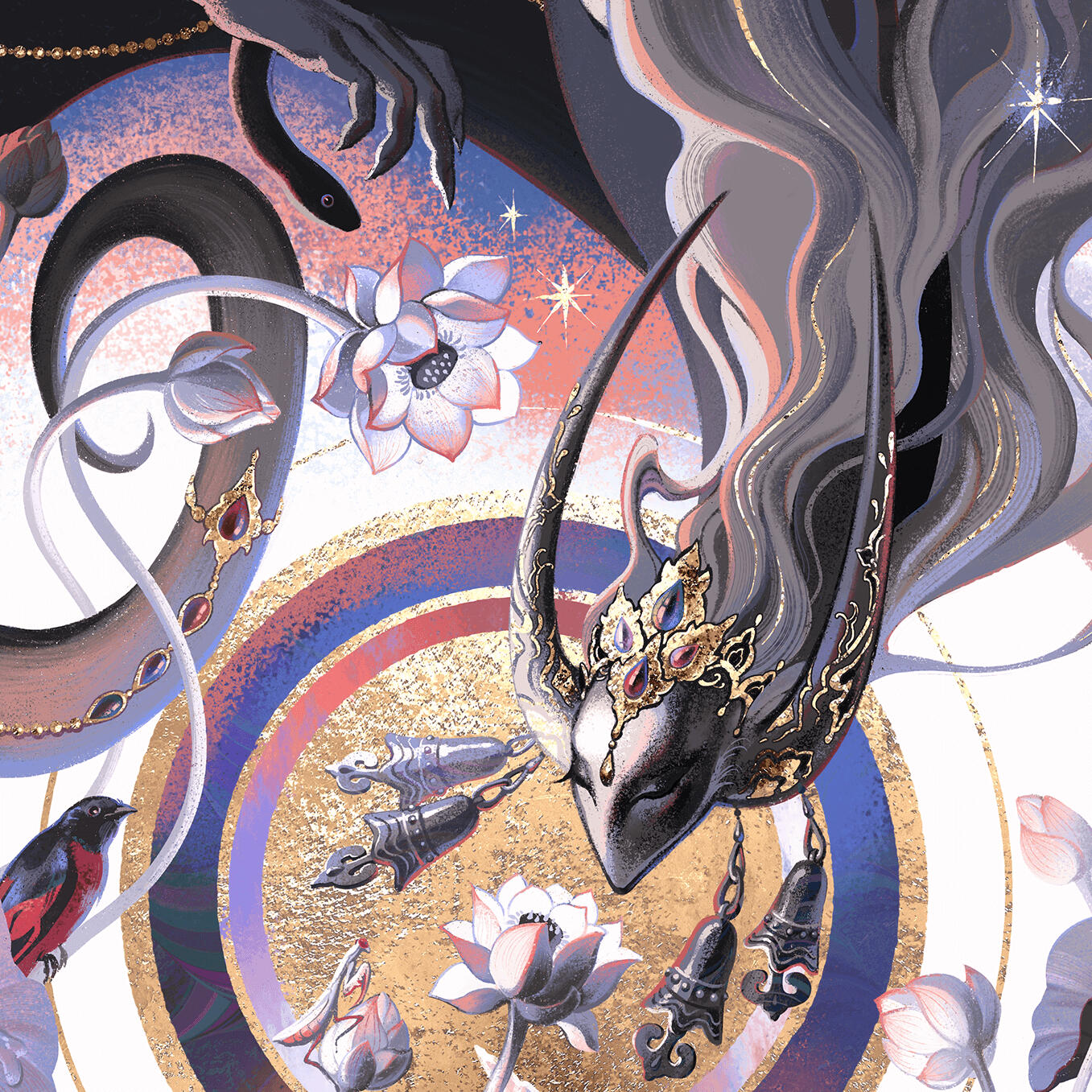 gallery thumbnail for illustration showing a greyscale winged figure with golden jewelry