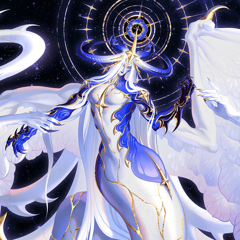 gallery thumbnail for character design showing a multi-horned,winged divine figure in white and blue