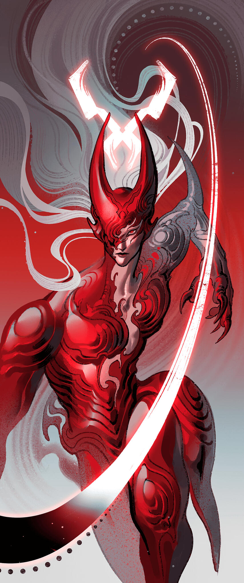 Shou from Slave Zero X is shown in red lustrous armor, drawing his sword