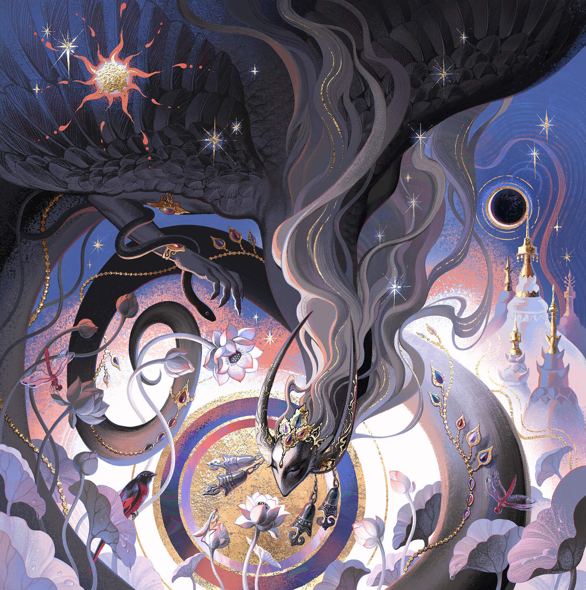 grey and blue digital art of a divine winged being amid lotus flowers and small animals