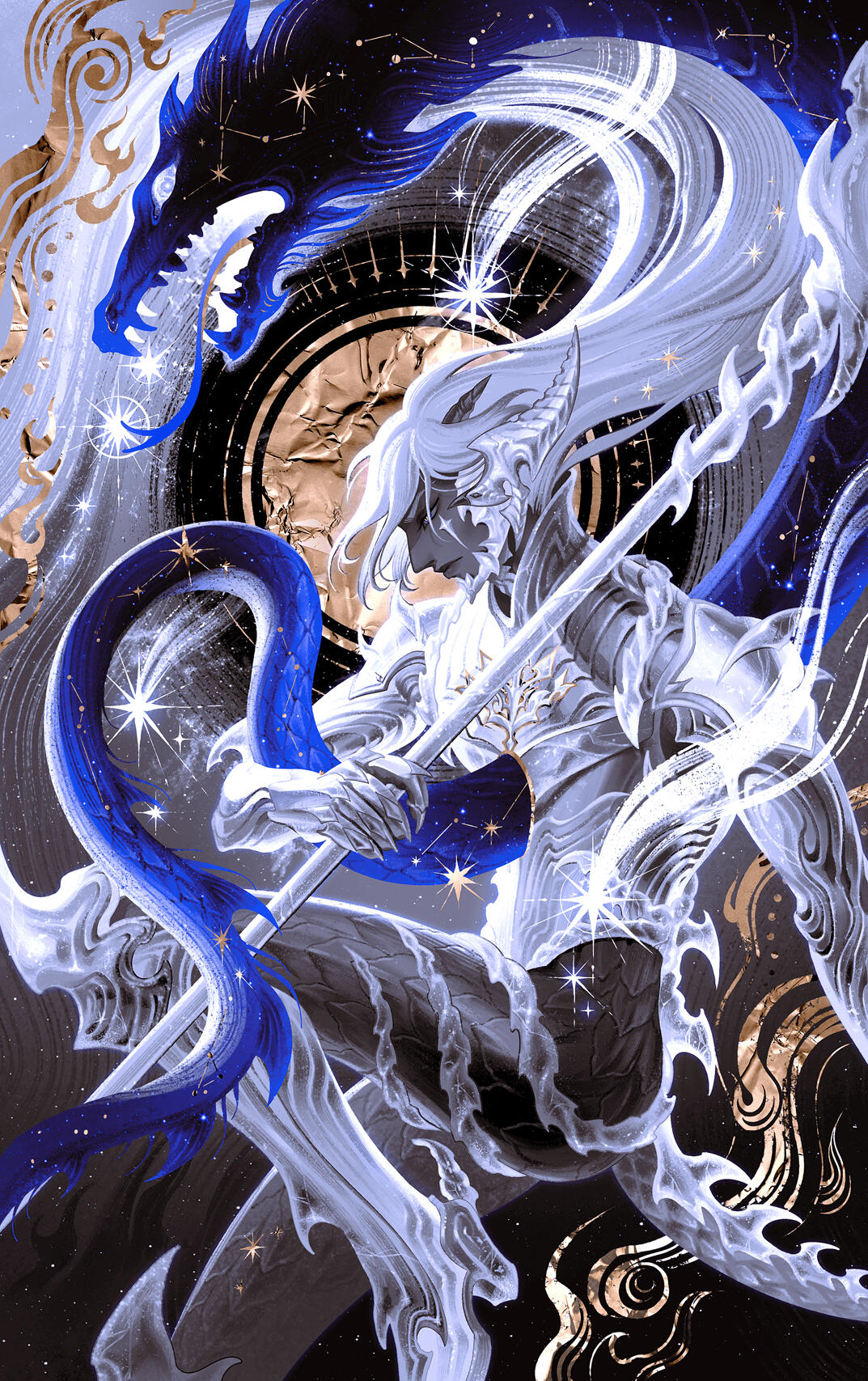 a final fantasy WOL clad in ice armor summons a blue starry dragon