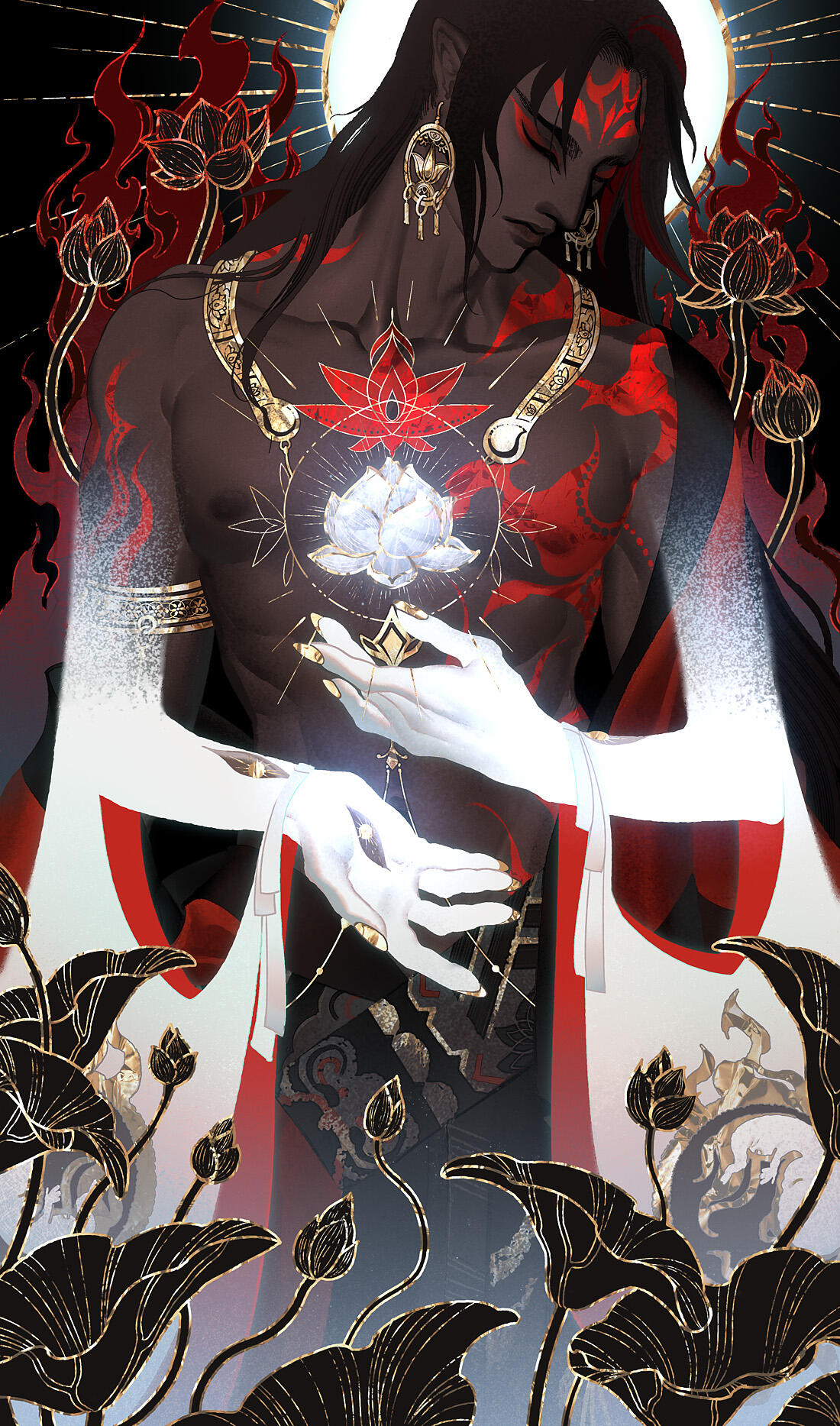 Asura from Onmyoji surrounded by golden Lotuses and red flames