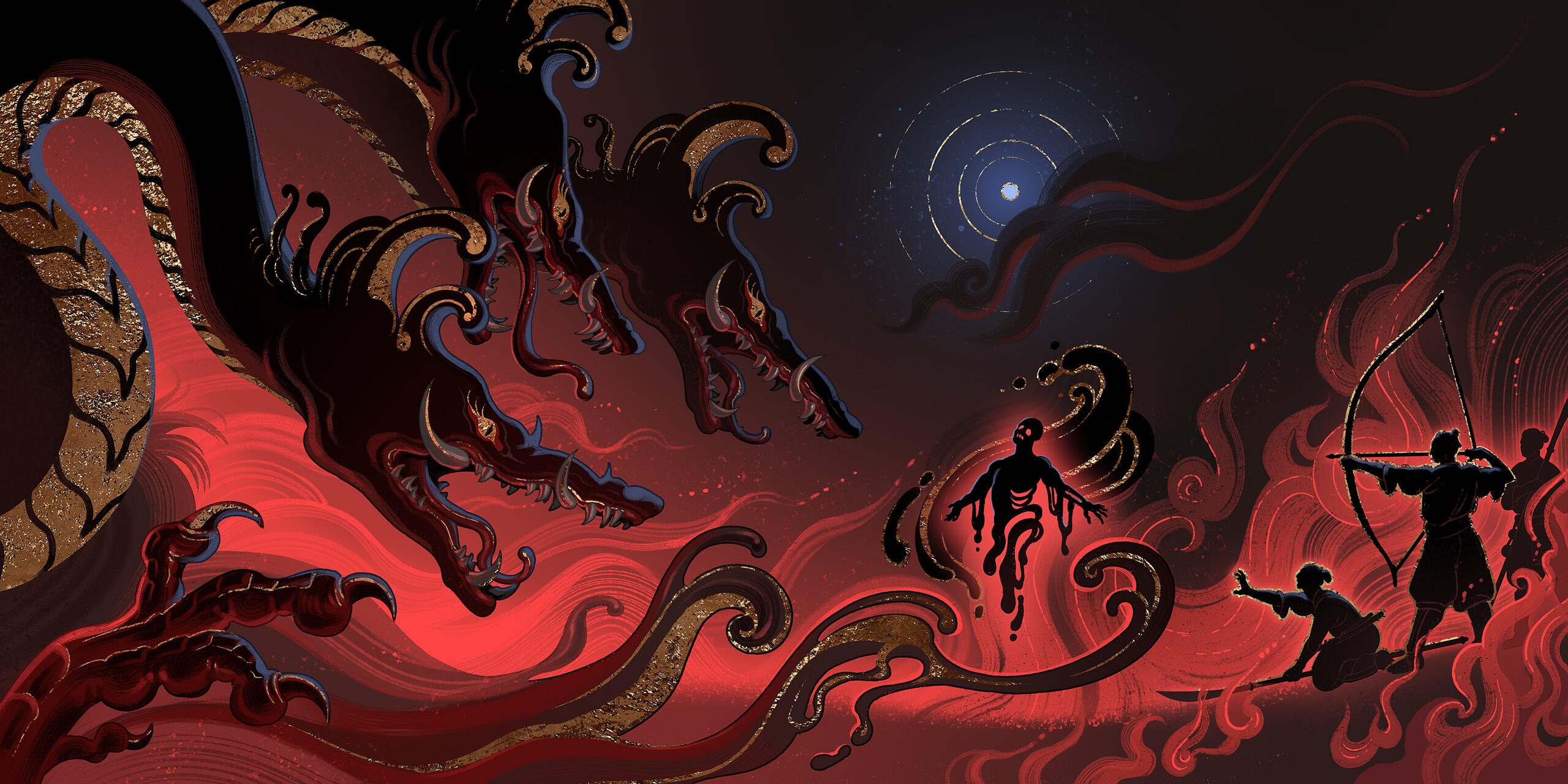 surrounded by red flames, people engage in a battle against a three headed black dragon