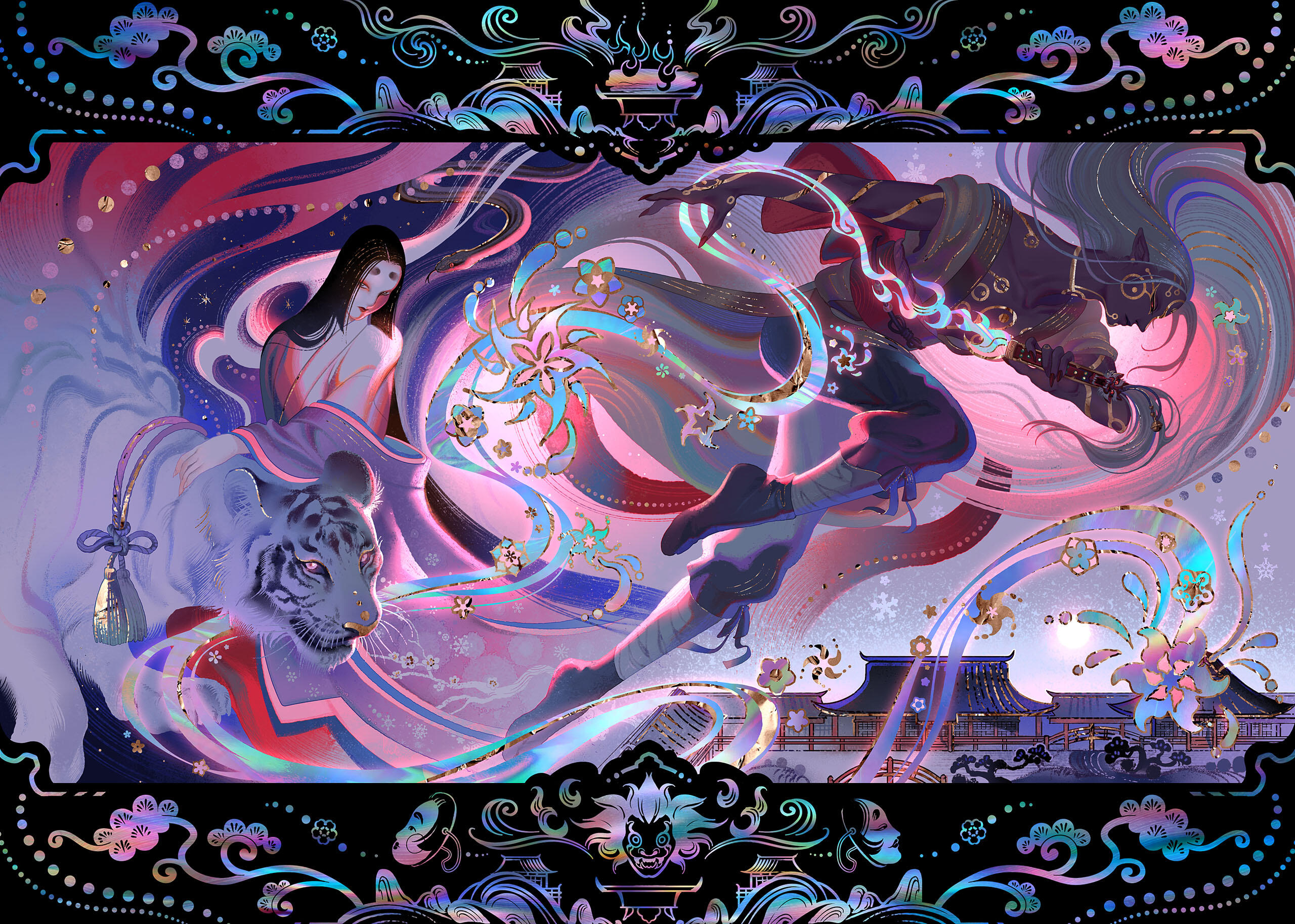 Mononoke book illustration showing Kusuriuri, a Heian beauty and a white tiger in iridescent colors