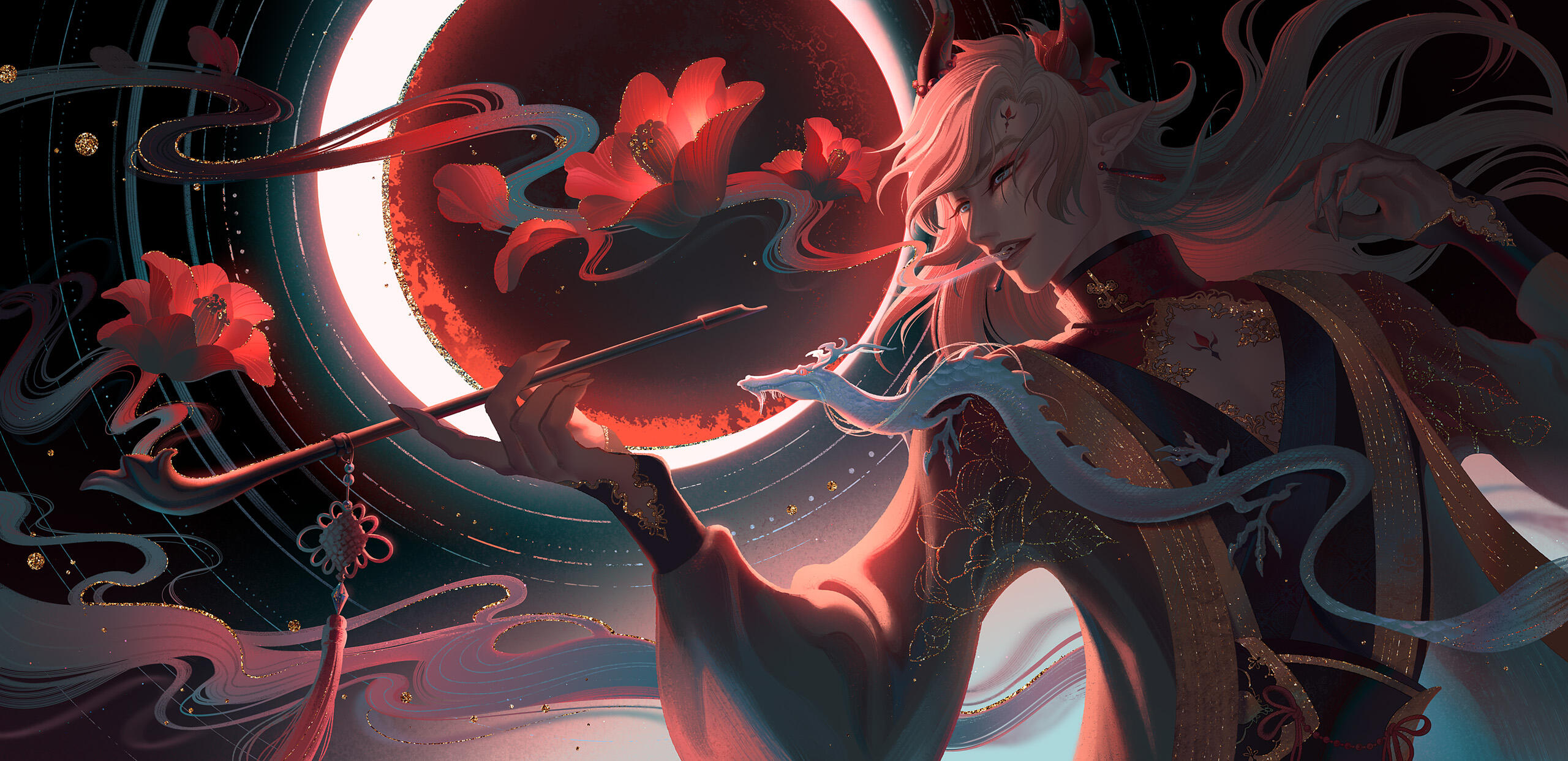 underneath a red moon, a figure in chinese clothes blows pipe smoke turning into camellia flowers