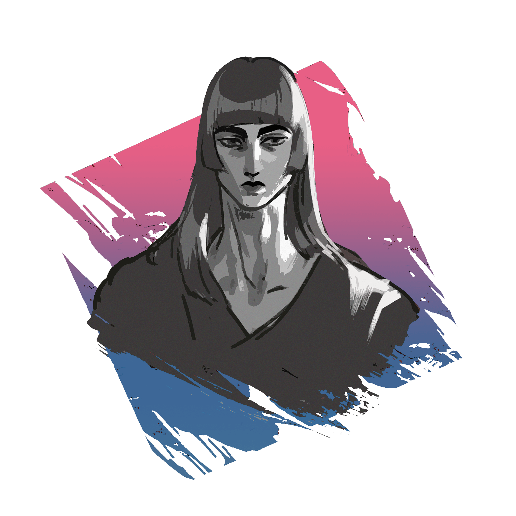 stylized greyscale self portrait drawing